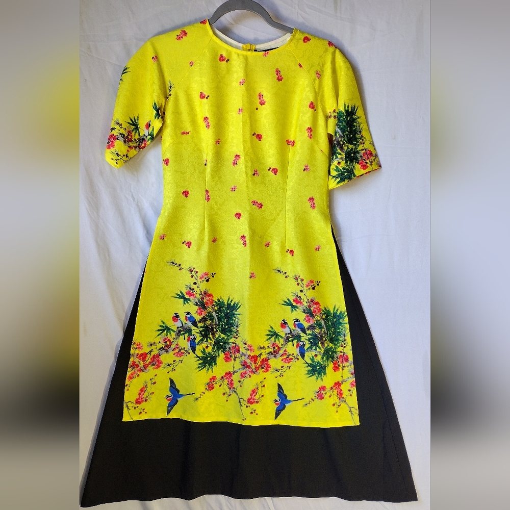 Karen Milen Isadora Colorful Black and Yellow Asian Themed Midi Dress Size M